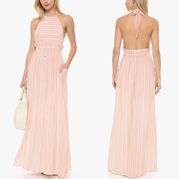 Mara Hoffman Linen Halter Pink Stripe Maxi Dress - Picture 1 of 12